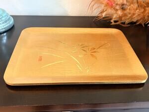 Vtg Japanese Gold & Black Lacquer Serving Tray Floral Bamboo 13" x 10" Japandi